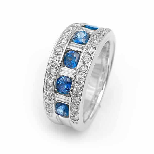 Ring 18 Karat Gold, Diamonds, and Blue Sapphires