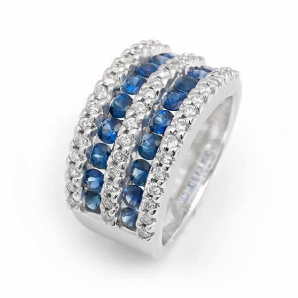 Wide ring, 18-karat gold, diamonds, and blue sapphires